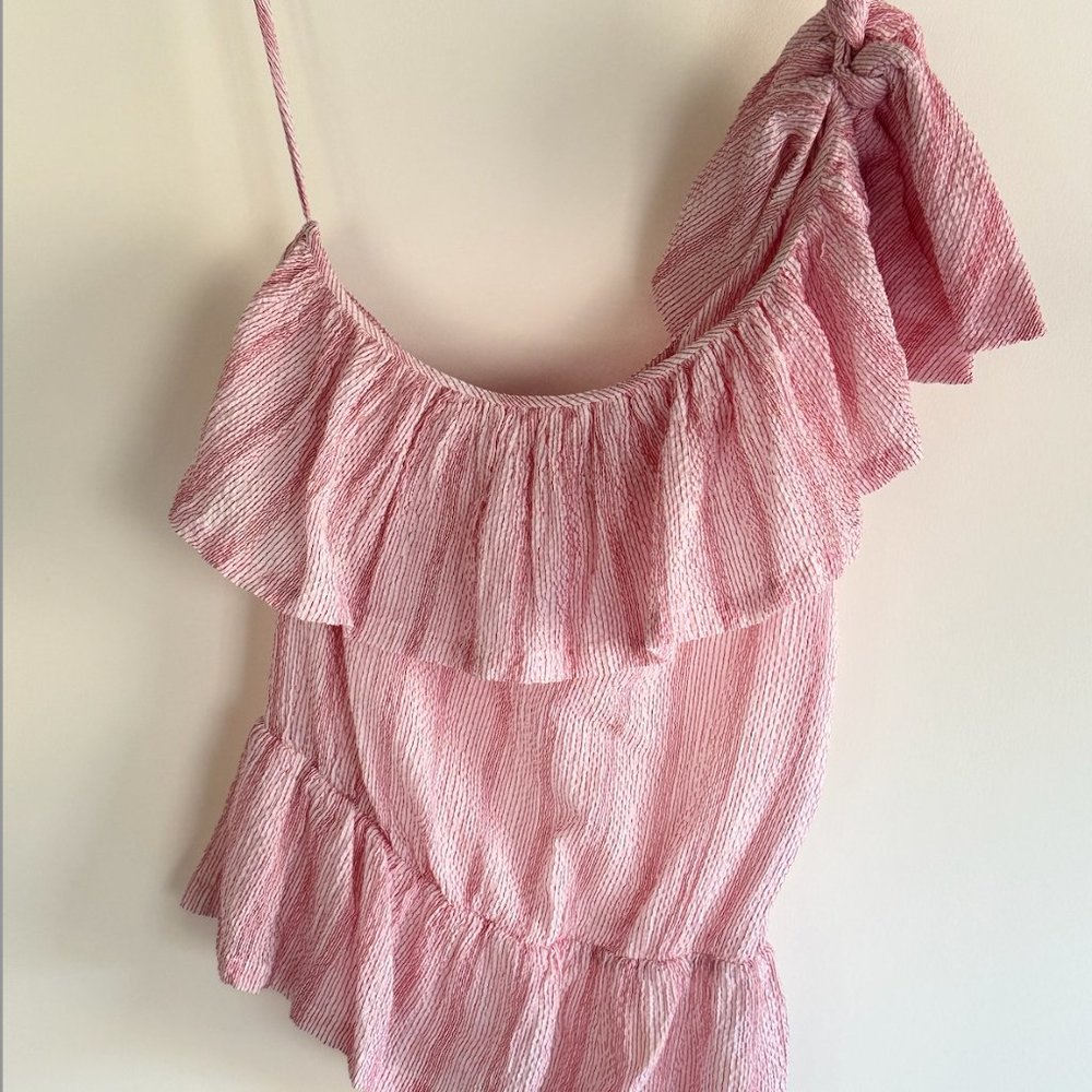 Jill Stuart One Shoulder Pink Seersucker Crepe Shirt